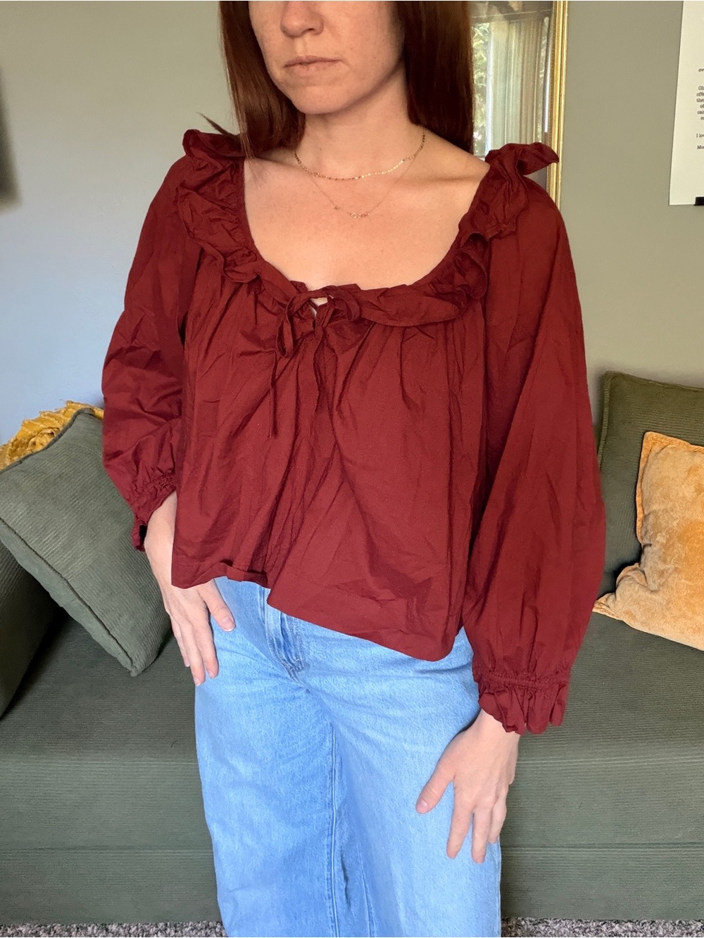Doen Women's Ruffle Tie-Neck Blouse in Deep Red